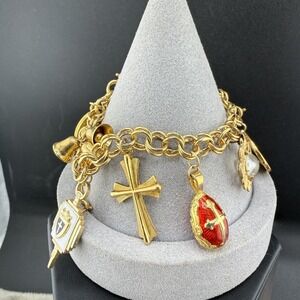 Vintage Monet Religious Charm Bracelet Cross Charm 7"